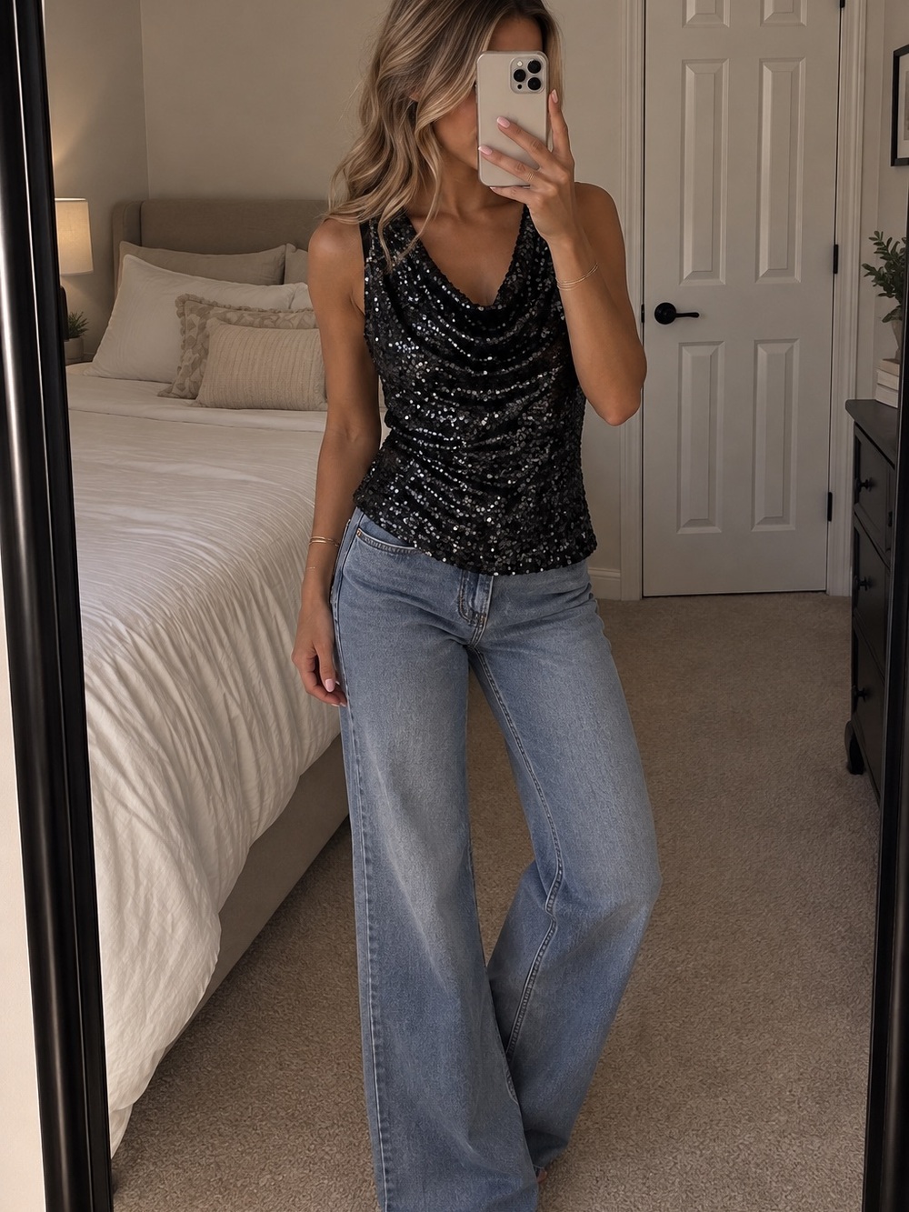 Calvin Klein Black Sequin Cowl Neck Camisole going out top large